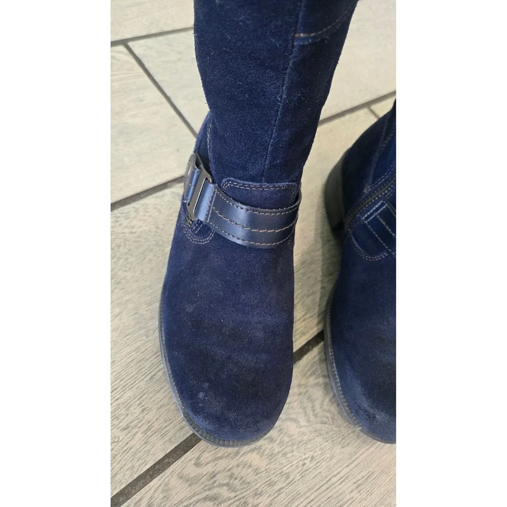 Earth Origins Portia Navy Blue Suede Tall Boots Womens 8M Buckle Zip Knee High